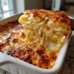 A serving spoon lifts a cheesy, layered portion of scalloped potatoes from a white baking dish, showing long cheese pulls.