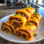 A stack of freshly made taco pinwheels filled with seasoned ground beef and melted cheddar cheese, garnished with green onions.