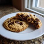 Two perfectly baked chewy chocolate chip cookies, one broken in half showing the gooey center, resting on a white plate.