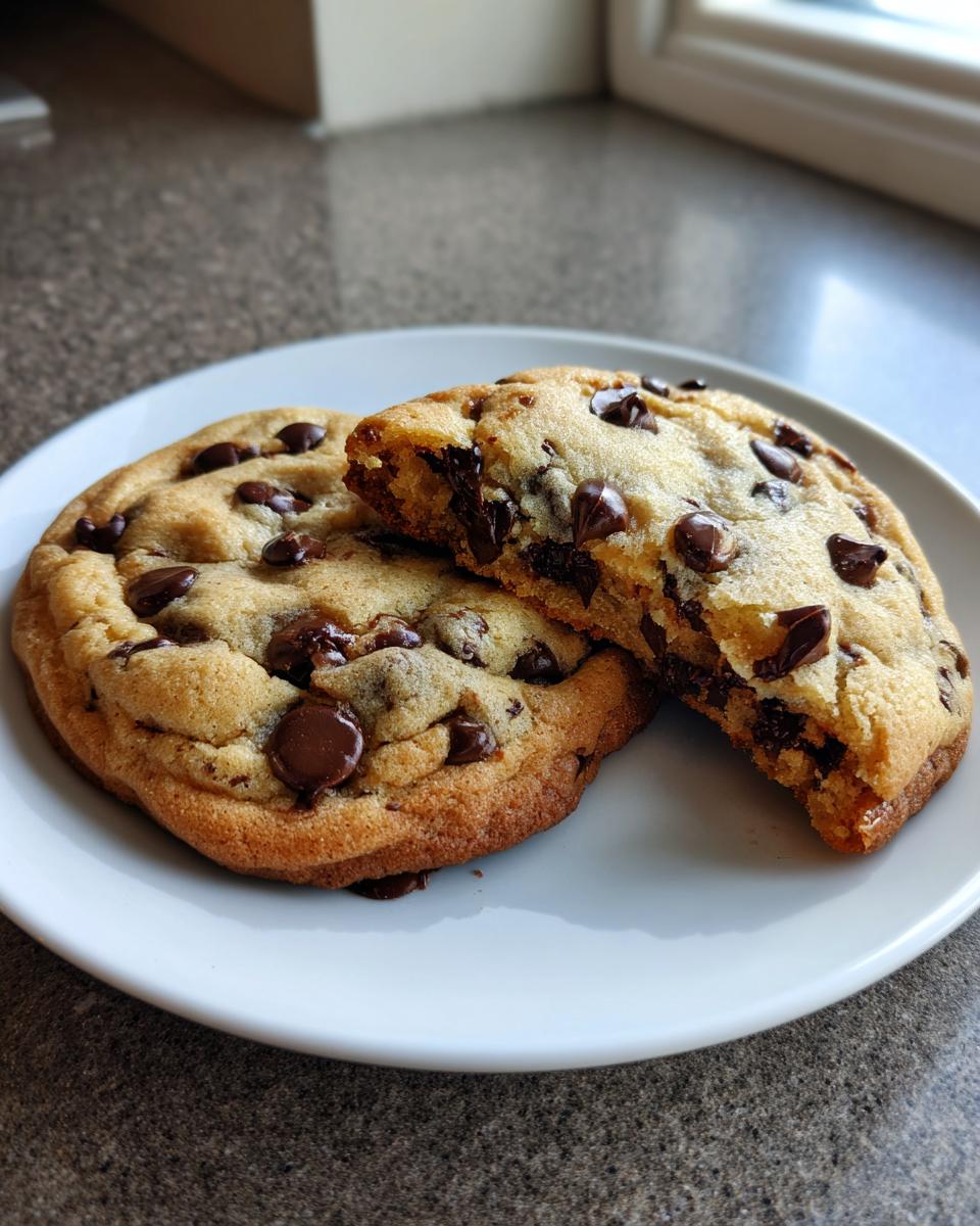 Two perfectly chewy chocolate chip cookies, one broken in half to show the gooey center, served on a white plate.