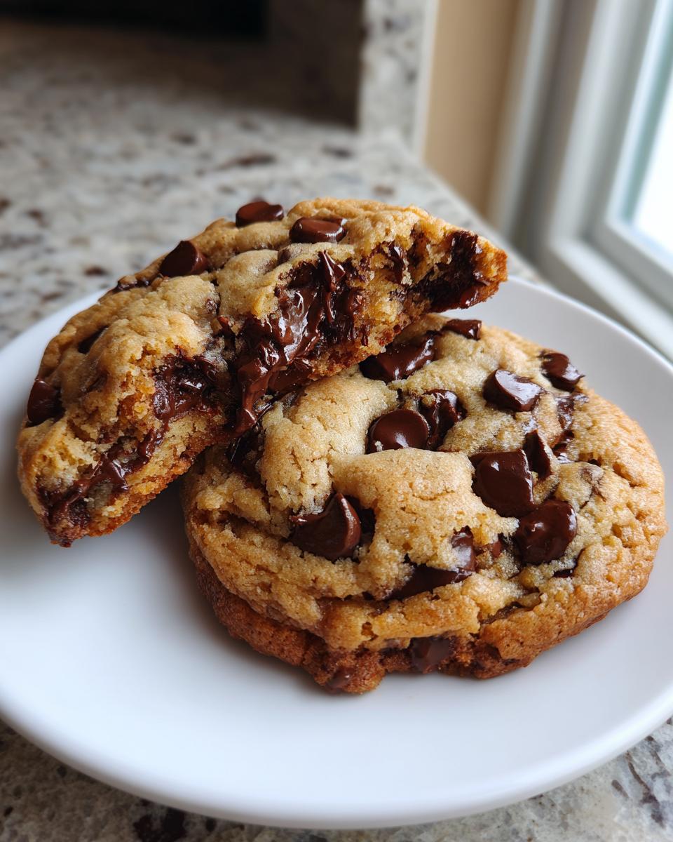 Two thick, golden chewy chocolate chip cookies on a white plate, one broken open revealing gooey melted chocolate.