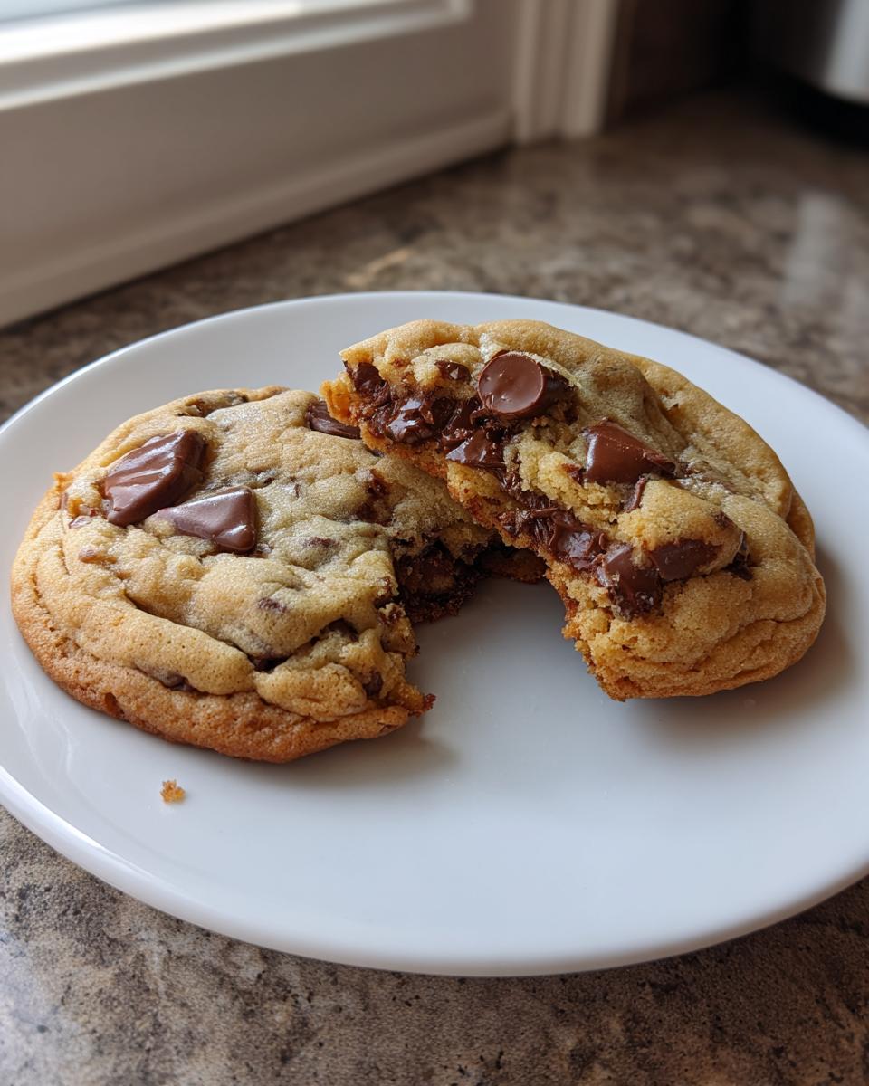 Two gooey, thick chewy chocolate chip cookies on a white plate, one broken open revealing melted chocolate chunks.