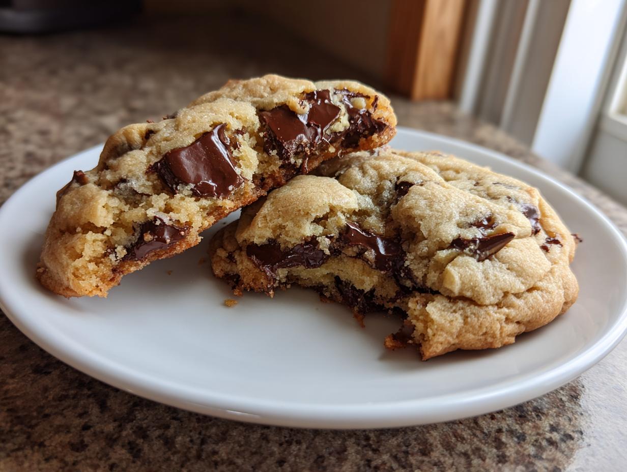 Two halves of a perfectly baked chewy chocolate chip cookie showing melted chocolate pools.