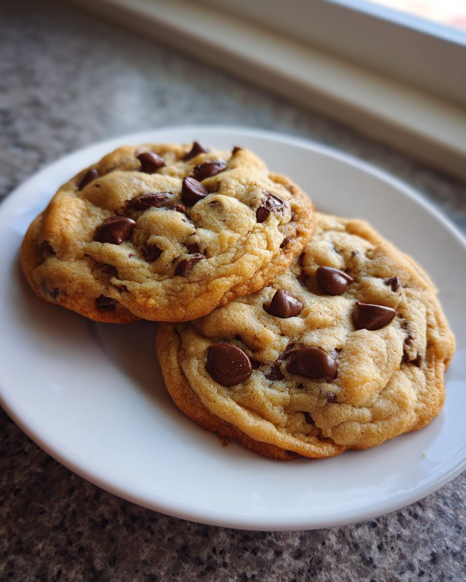 Two golden brown, thick chewy chocolate chip cookies stacked slightly on a white plate near a window.