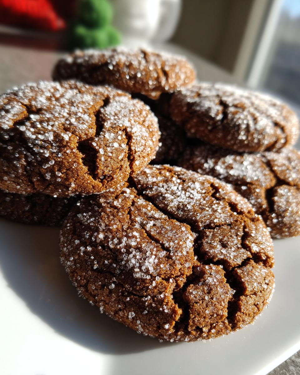 Close-up of several chewy ginger molasses cookies, heavily coated in sparkling granulated sugar.