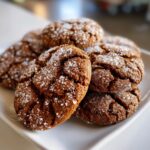 Close-up of several chewy ginger molasses cookies stacked on a white plate, heavily coated in sparkling granulated sugar.
