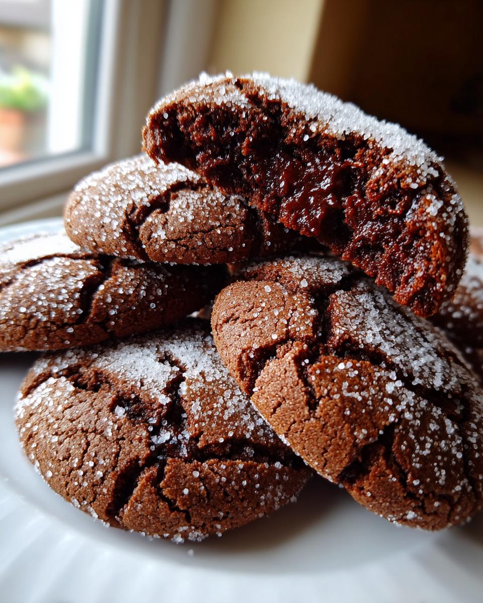 Close-up of chewy chocolate ginger molasses cookies rolled in coarse sugar, one cookie is broken open showing a soft center.
