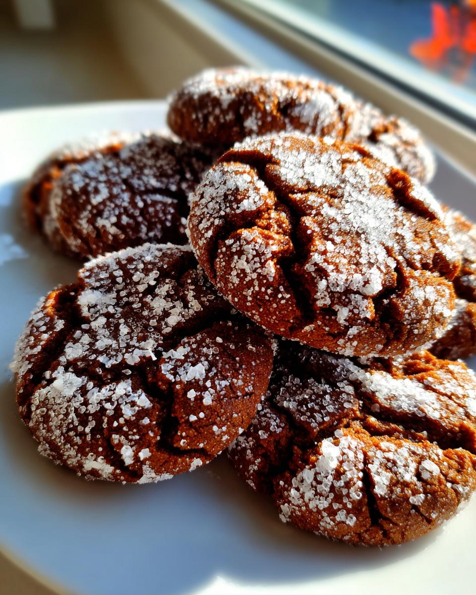 A close-up of several chewy ginger molasses cookies, dark brown and cracked, generously coated in white granulated sugar.