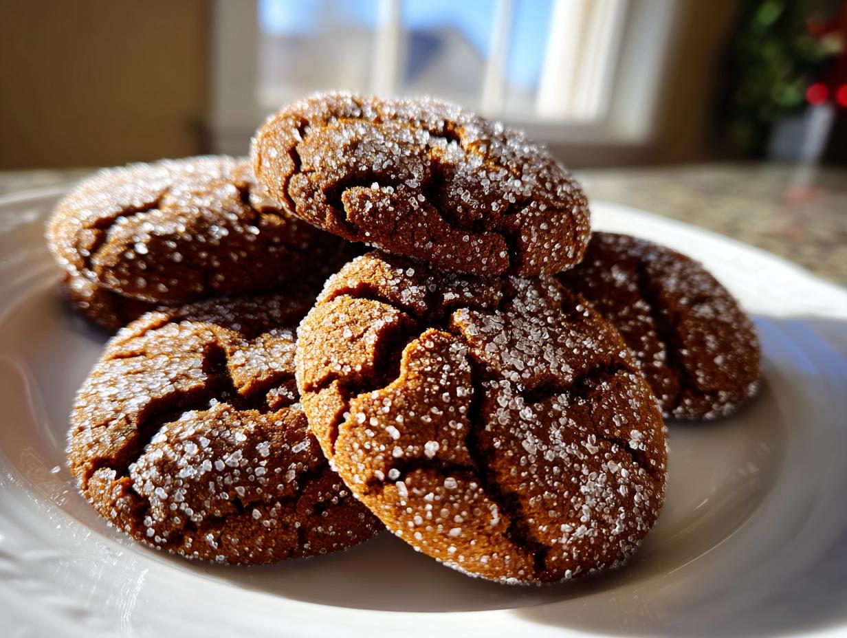 A stack of chewy, crackled ginger molasses cookies heavily coated in sparkling white sugar crystals.