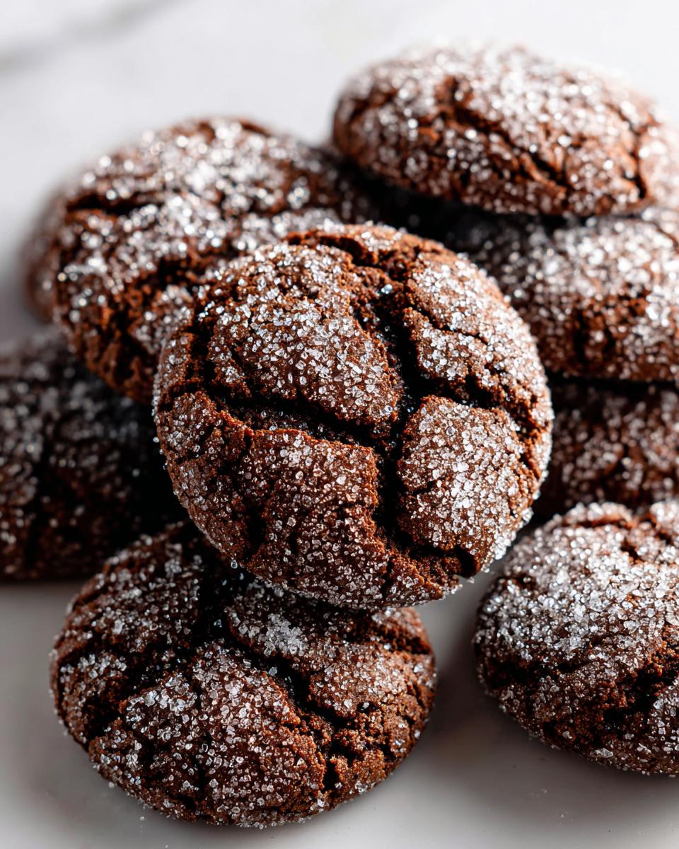 Close-up of a stack of dark, chewy ginger molasses cookies heavily coated in sparkling granulated sugar.