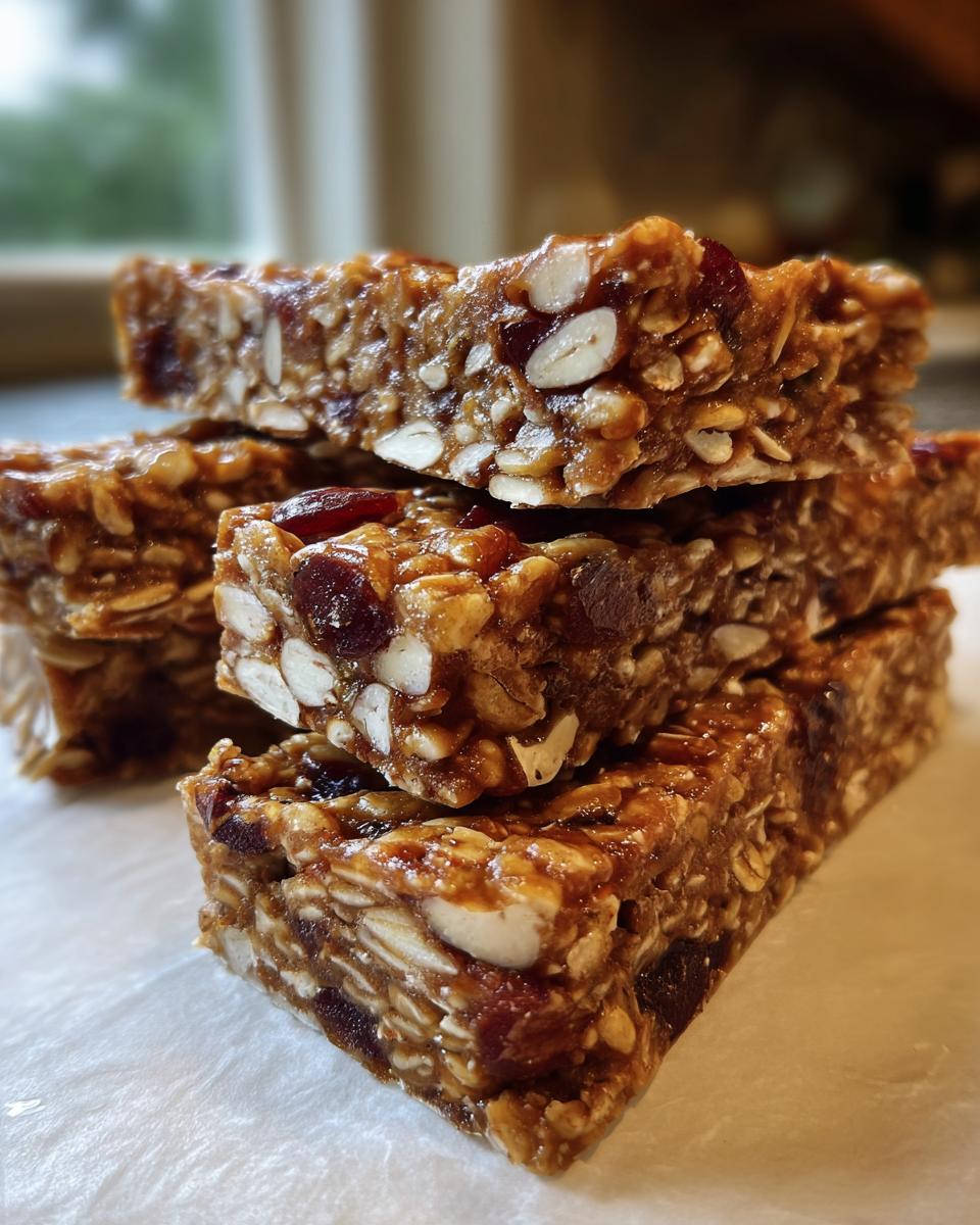 A stack of four chewy homemade granola bars packed with oats, sliced almonds, and dried fruit.