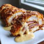 A cross-section of crispy, golden chicken cordon bleu stuffed with ham and melting cheese, served with a creamy sauce.
