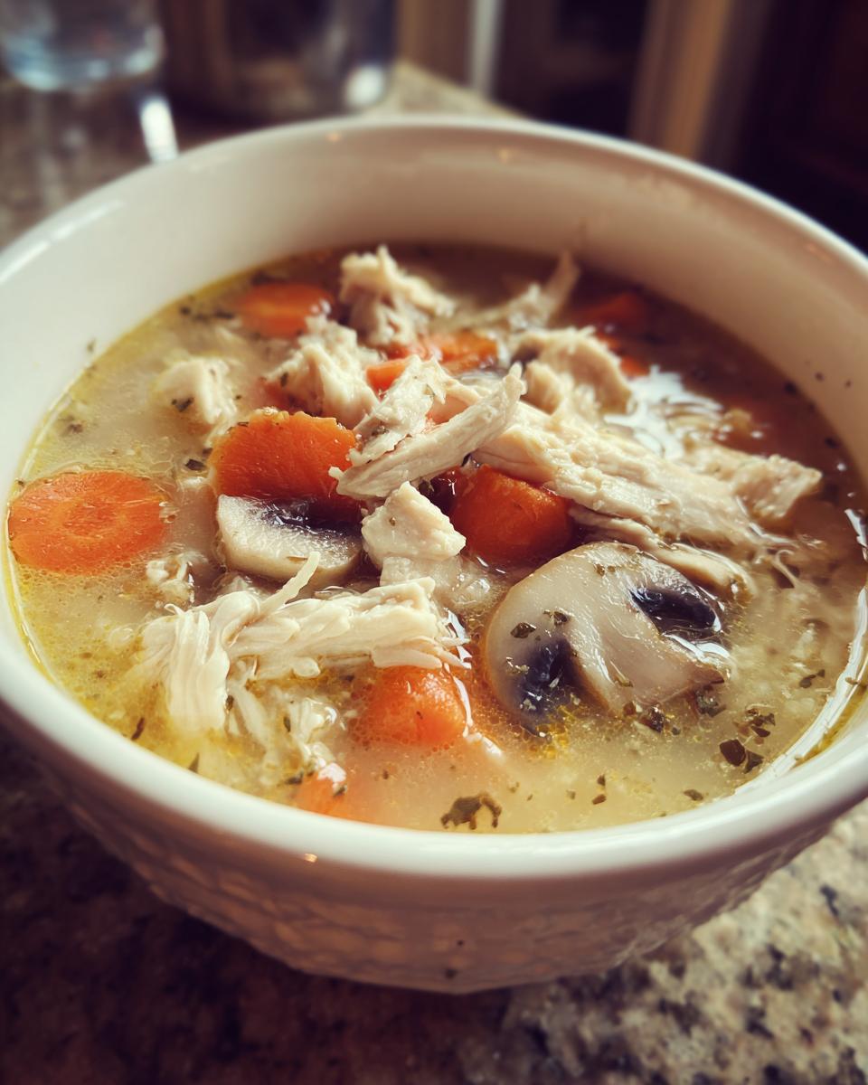 Close-up of a white bowl filled with creamy coconut soup containing shredded chicken, sliced carrots, and mushrooms.