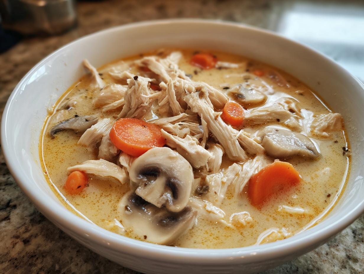 A close-up of a bowl of creamy chicken and mushroom coconut soup, topped with shredded chicken and sliced carrots.