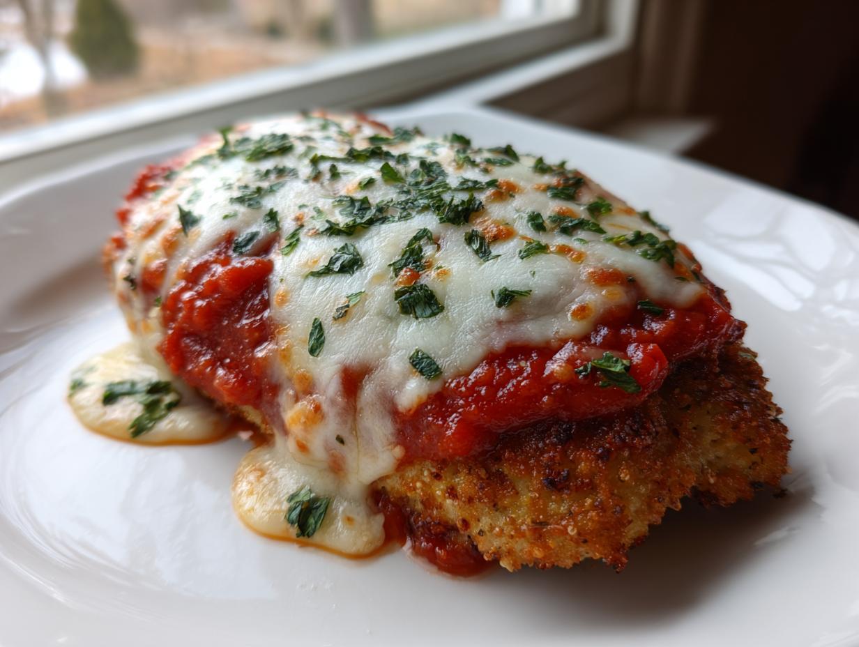 Close-up of a breaded chicken parmesan recipe serving, topped with melted mozzarella cheese and marinara sauce.