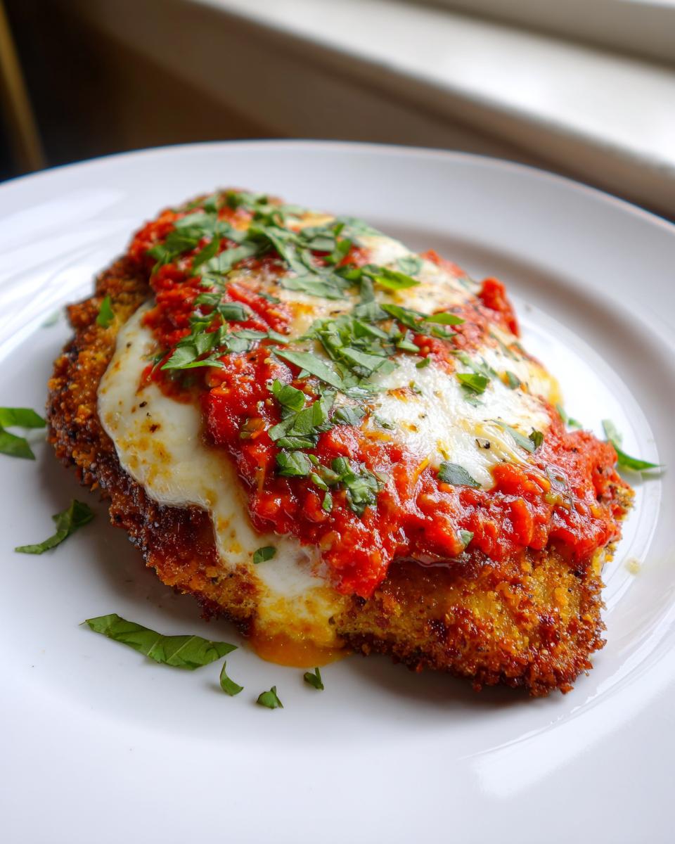 Close-up of a golden, breaded chicken parmesan recipe topped with melted mozzarella and bright red tomato sauce.