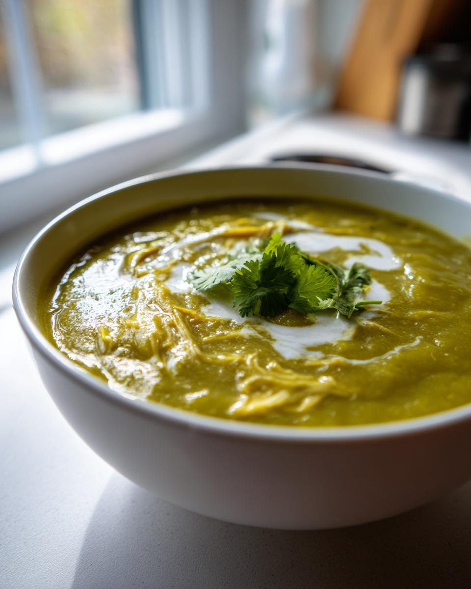 Close-up of a bowl of vibrant green chicken poblano soup, garnished with cream and cilantro.