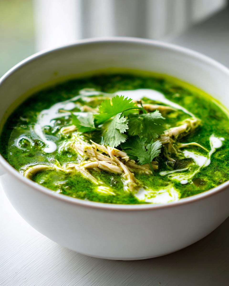 A close-up of a bowl of vibrant green chicken poblano soup, topped with shredded chicken, cream swirl, and cilantro.