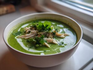 Close-up of a vibrant green chicken poblano soup recipe, topped with shredded chicken and fresh cilantro.