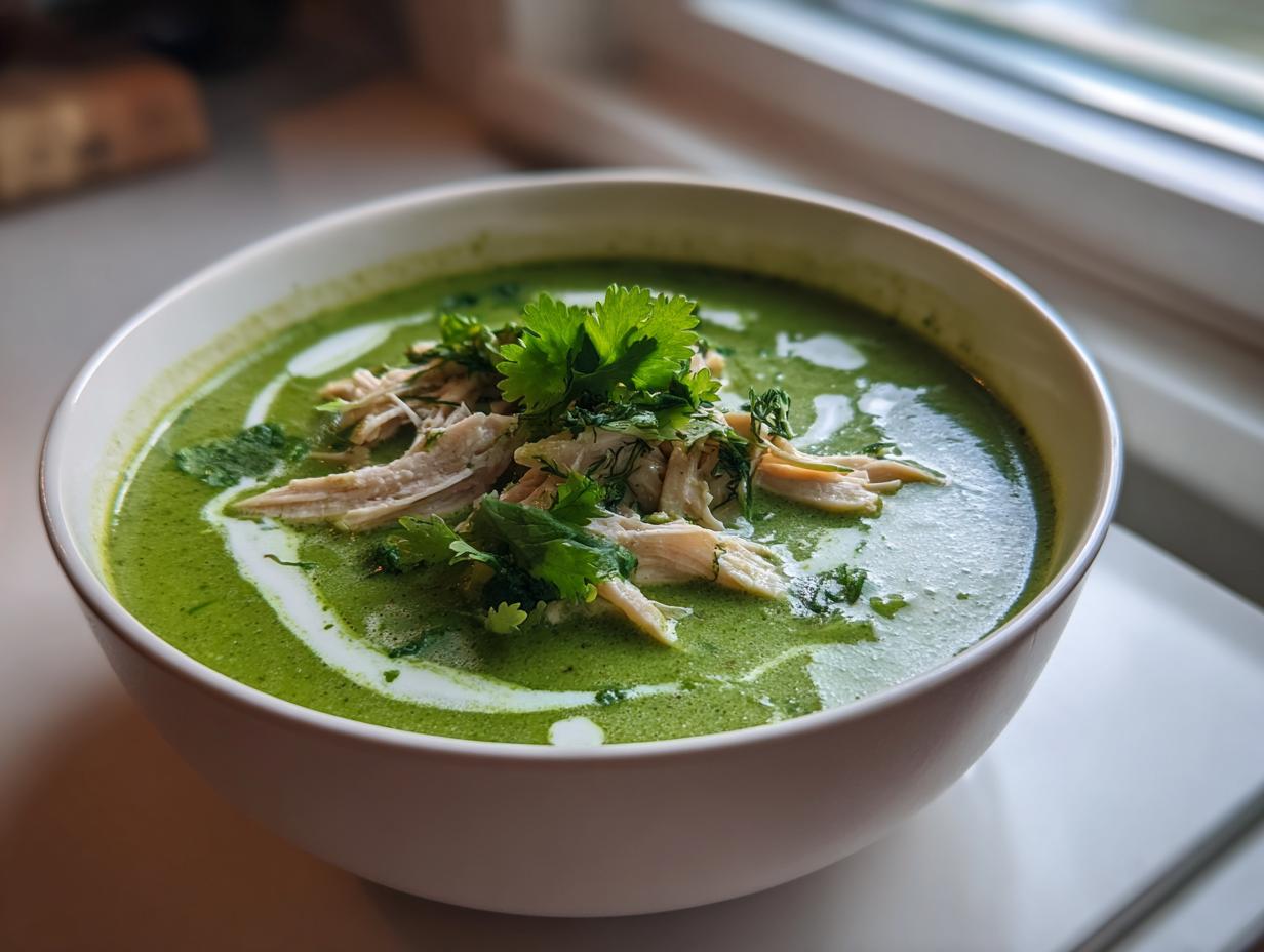 Close-up of a vibrant green chicken poblano soup recipe, topped with shredded chicken and fresh cilantro.