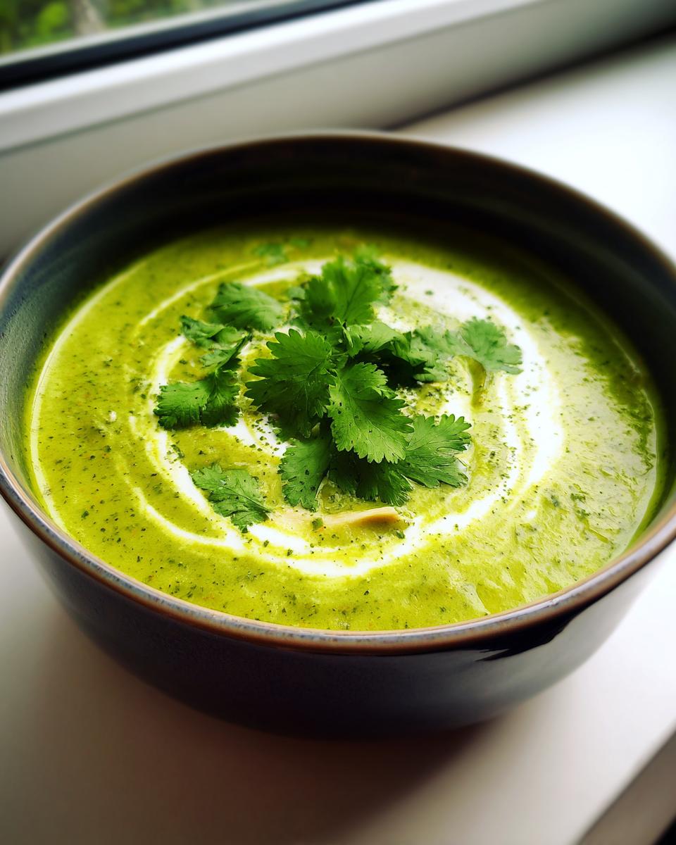 Close-up of a bowl of bright green chicken poblano soup, topped with cream swirl and fresh cilantro.