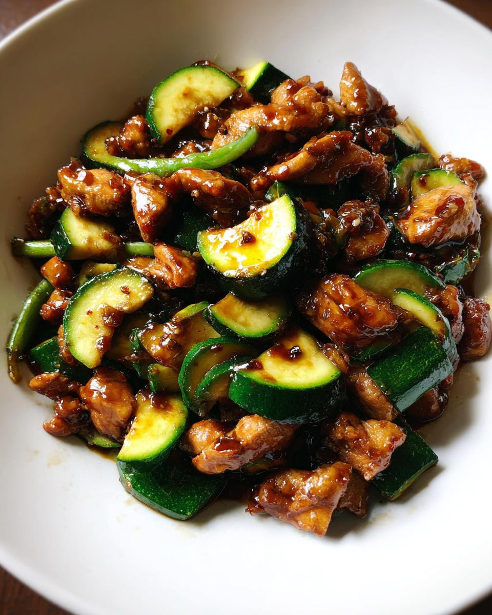 A close-up view of a white bowl filled with glossy chicken zucchini stir fry coated in a dark sauce.