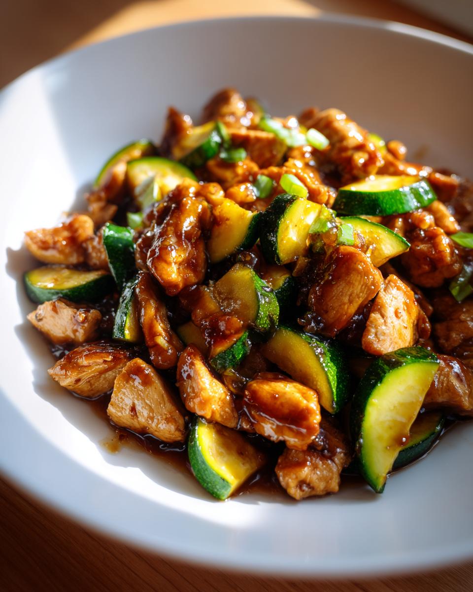 A close-up of savory chicken zucchini stir fry coated in a dark glaze, served in a white bowl.
