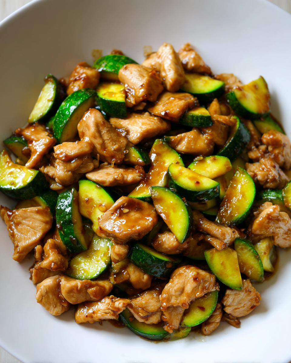 A close-up of savory chicken zucchini stir fry coated in a glossy brown sauce, served in a white bowl.