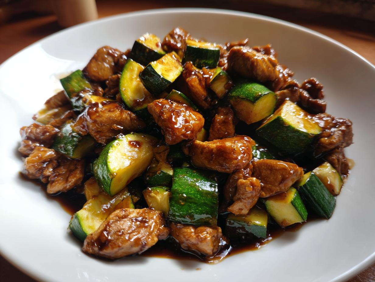 Close-up of tender pieces of chicken and bright green zucchini chunks coated in a rich, dark sauce in a chicken zucchini stir fry.
