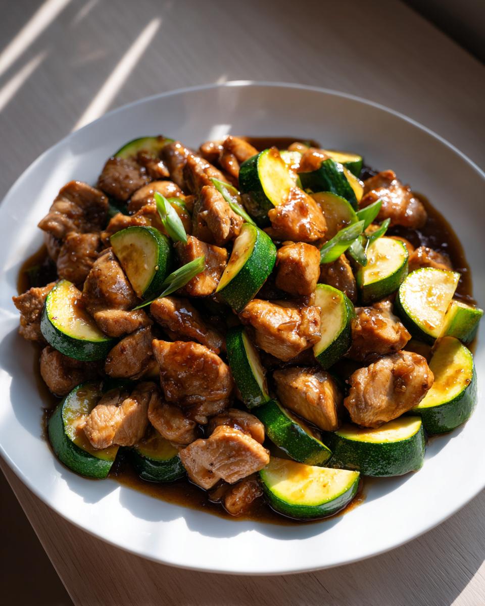 Close-up of a white plate filled with savory chicken zucchini stir fry, coated in a dark sauce and garnished with green onions.