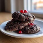 A stack of rich, dark chocolate cherry cookies dusted with powdered sugar and topped with bright red cherries.