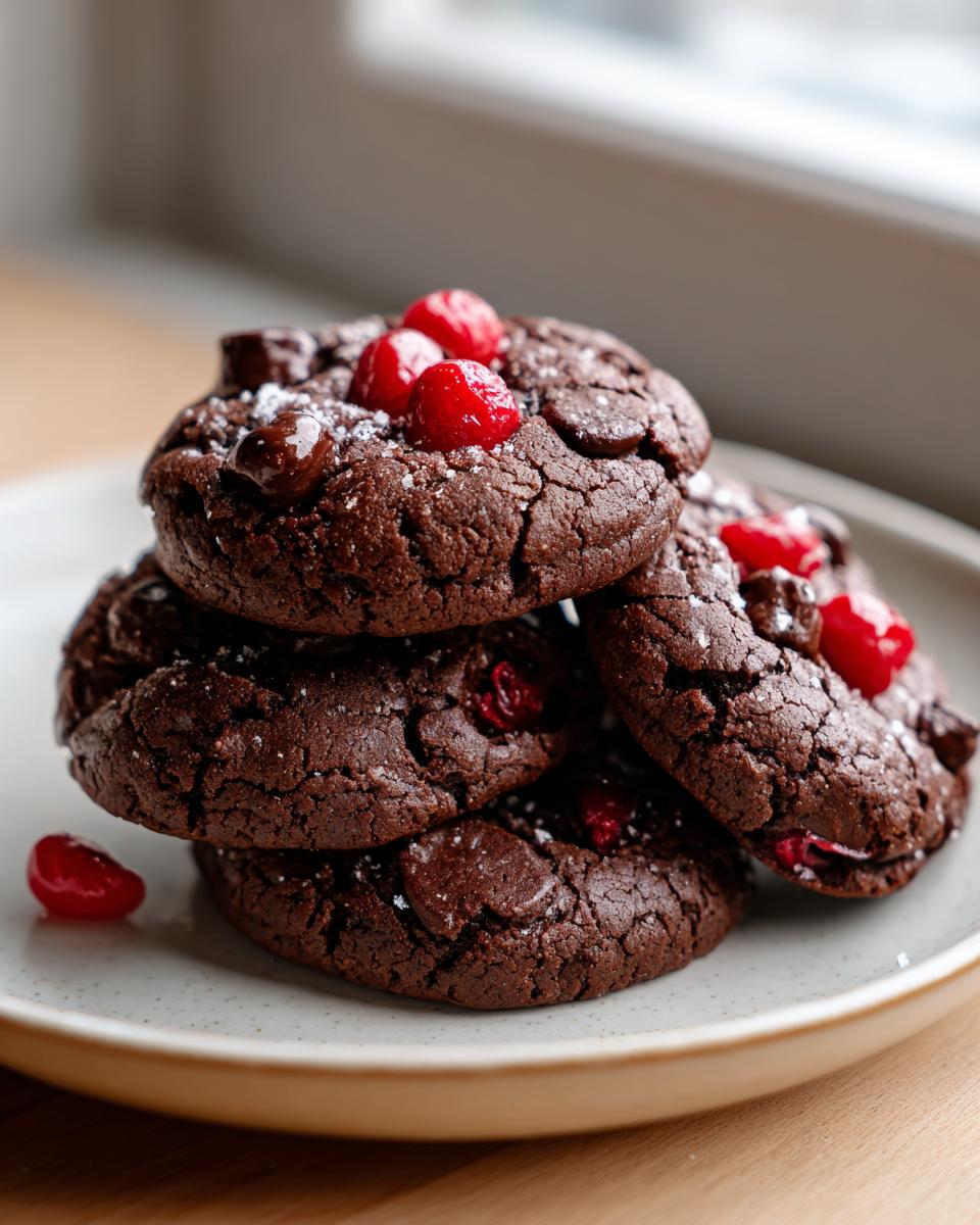 A stack of four rich, dark chocolate cherry cookies topped with bright red candied cherries and powdered sugar.