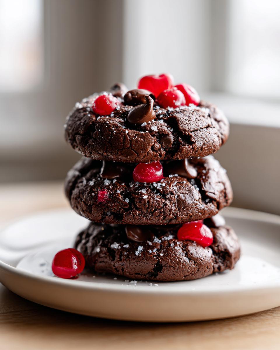 A stack of three dark chocolate cherry cookies topped with chocolate chips, bright red candied cherries, and flaky sea salt.