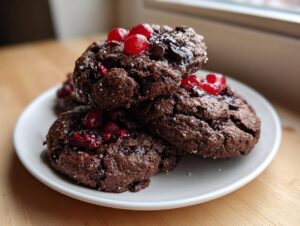 Close-up of a stack of rich, dark chocolate cherry cookies topped with bright red cherries and sea salt flakes.