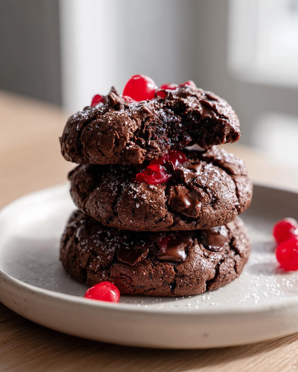 A stack of three rich, dark chocolate cherry cookies, topped with maraschino cherries and powdered sugar.