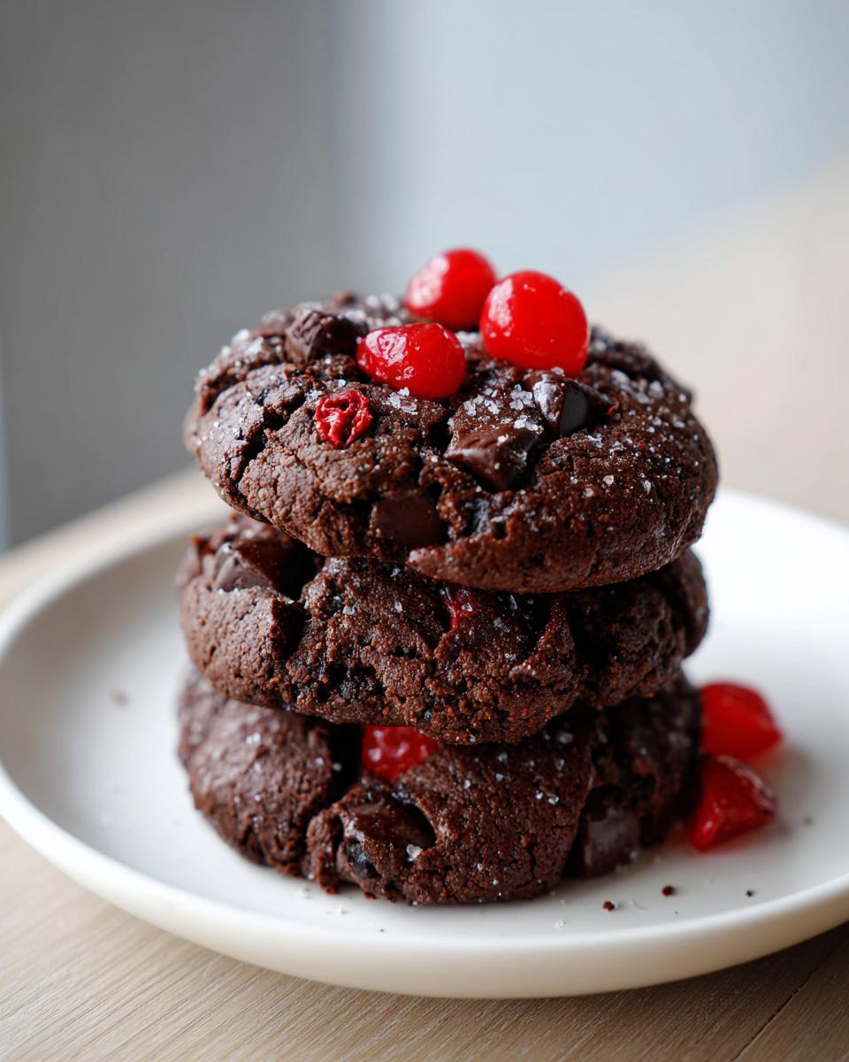 A stack of three rich, dark chocolate cherry cookies topped with bright red candied cherries and flaky sea salt.