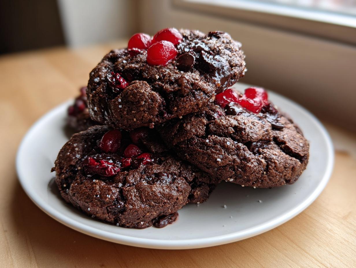 Close-up of a stack of rich, dark chocolate cherry cookies topped with bright red cherries and sea salt flakes.
