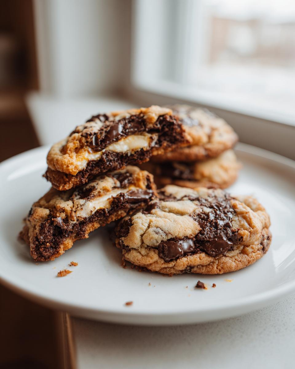 Close-up of chocolate chip cheesecake cookies, one broken open showing the gooey cheesecake center and melted chocolate chips.