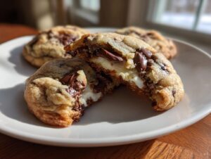 A close-up of chocolate chip cheesecake cookies, one broken in half showing the gooey cheesecake center and melted chocolate chips.