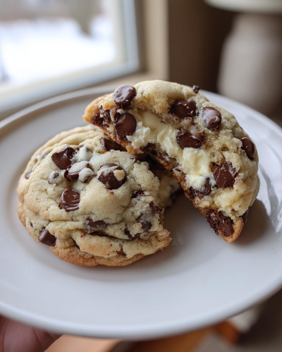 Two halves of a soft chocolate chip cheesecake cookies showing the gooey, creamy cheesecake filling inside.