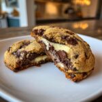 Close-up of two halves of a chocolate chip cheesecake cookie showing the gooey cheesecake filling and melted chocolate chips.