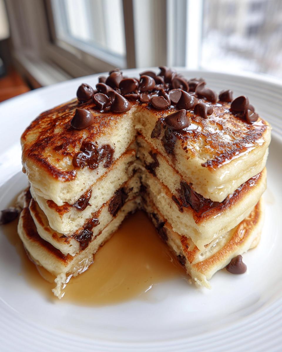 A tall stack of fluffy chocolate chip pancakes, cut open to show melted chips, drizzled with syrup.