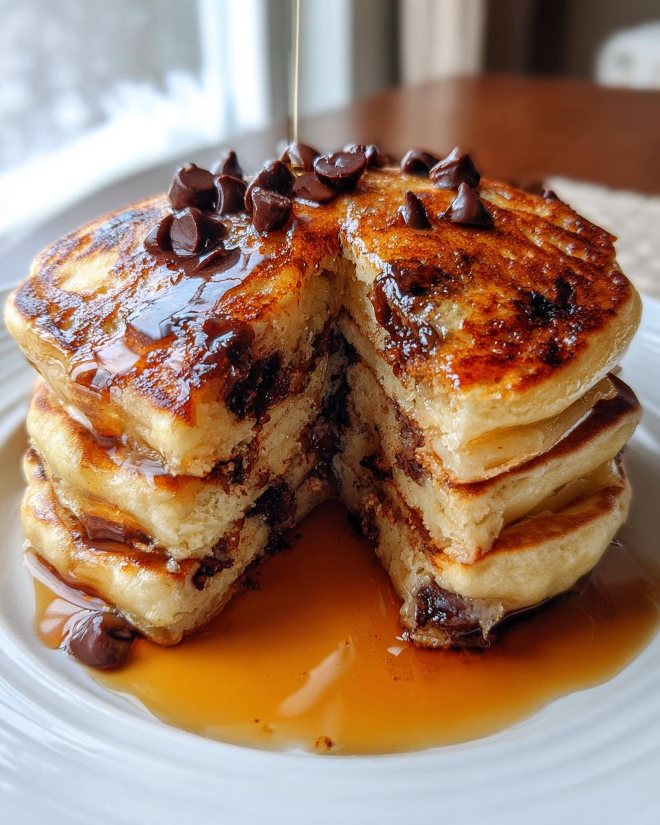 A tall stack of fluffy chocolate chip pancakes with a slice cut out, drenched in syrup and topped with chocolate chips.