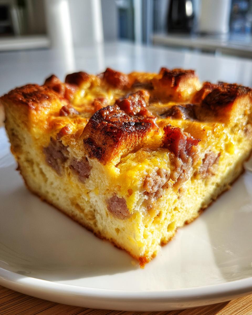 A close-up of a square slice of golden-brown Christmas breakfast casserole featuring visible chunks of sausage baked into the egg and bread base.