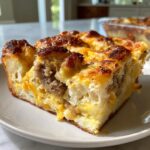 Close-up of a square slice of savory Christmas breakfast casserole featuring bread, egg, cheese, and sausage chunks.