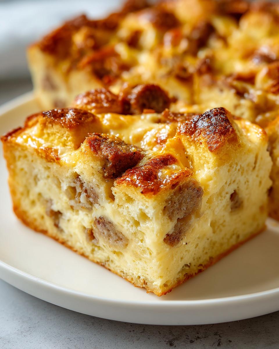 A close-up of a square slice of savory Christmas breakfast casserole with visible sausage pieces.