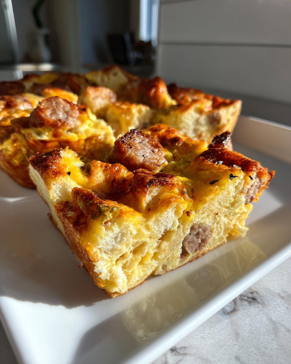 A close-up slice of golden brown Christmas breakfast casserole featuring sausage pieces baked into the egg and bread mixture.