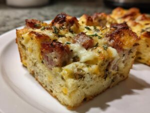 Close-up of a square slice of savory Christmas breakfast casserole featuring bread, melted cheese, and sausage pieces.