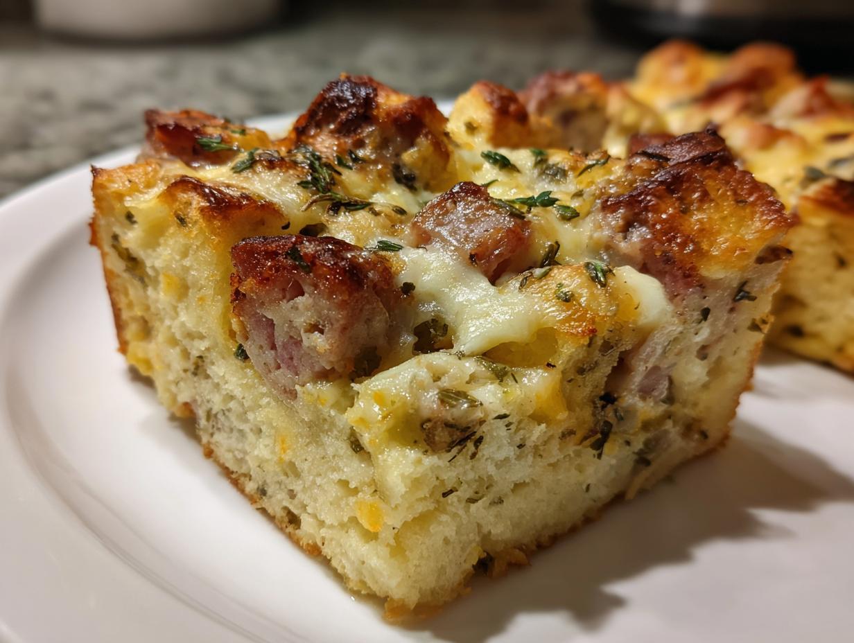 Close-up of a square slice of savory Christmas breakfast casserole featuring bread, melted cheese, and sausage pieces.