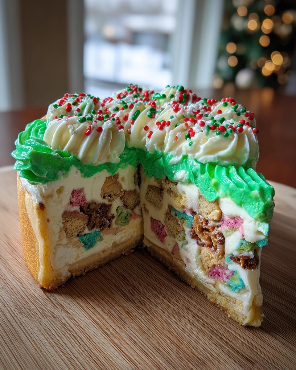 A cross-section view of a festive christmas tree cheesecake filled with colorful cereal pieces and topped with green and white frosting.